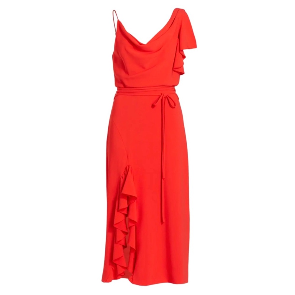 NWT Cinq à Sept Lavonne Cowl Neck Ruffled Slit Belted Chili Red Midi Dress